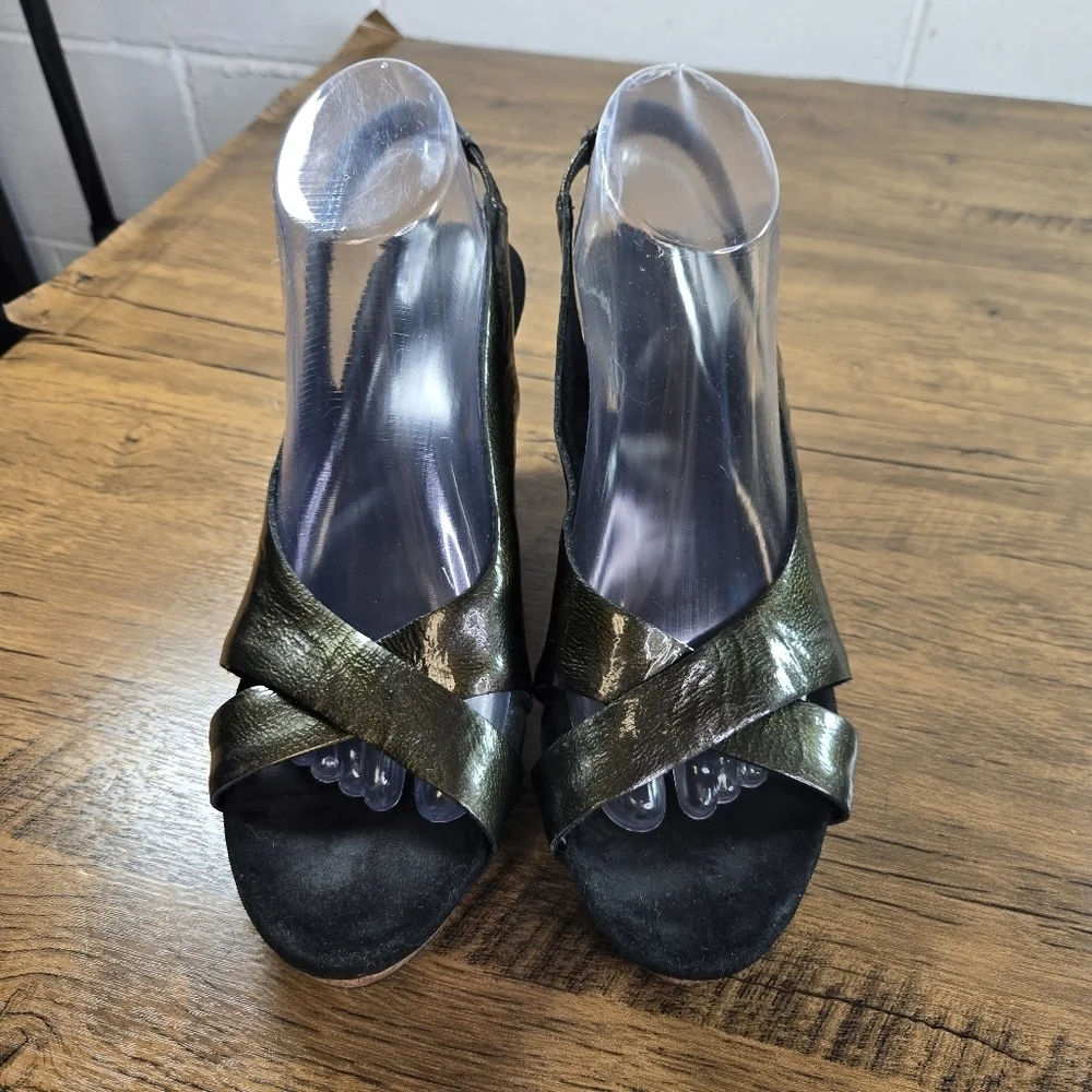 Ugg Hazel 1926 Metallic Patent Slingback Cork Wedge Heels Sandals